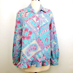 Vintage Womens Pastel Paisley Spring Blouse Top Large Pullover Button Mod Casual
